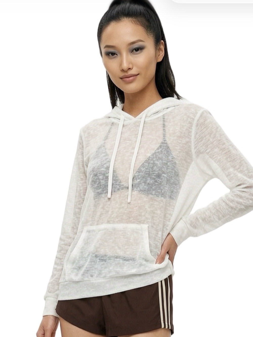 WEATHERPROOF White Lightweight Long Sleeve Semi sheer Pullover Hoodie Boxy fit M